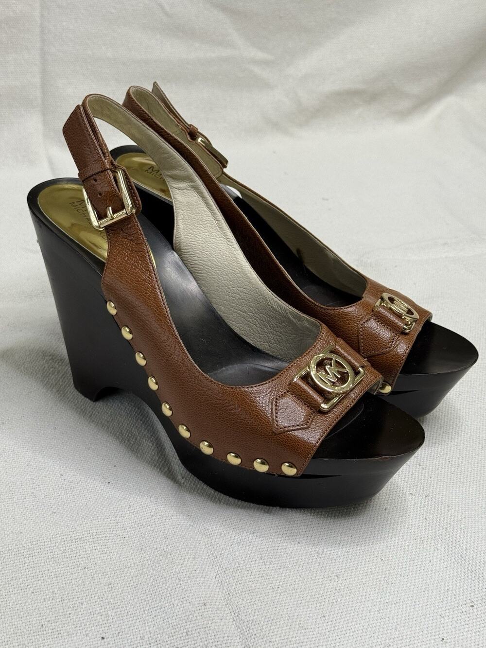 Michael Kors Tan Leather Platform Wedge Slingback Sandal Block Heels Size 10